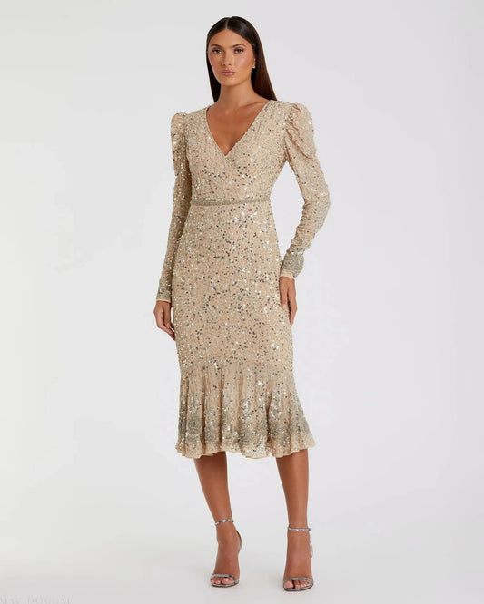 Beige Sequin Dress with Beaded Hemline and Belt