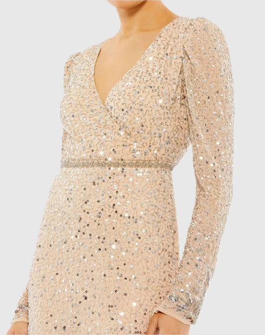 Beige Sequined Floral Embellished Long Sleeve Gown