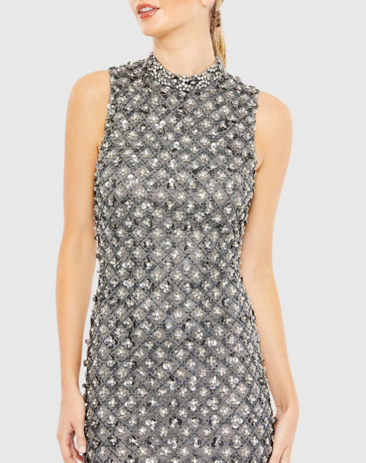 Gray Embellished High Neck Sleeveless Sheath Dress - FINAL SALE