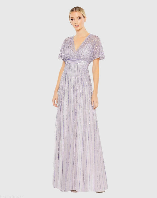 Purple Sequined Butterfly Sleeve Flowy Gown