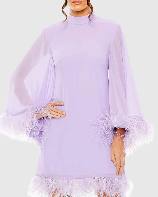 Purple High Neck Long Sleeve Mini Dress with Feather Trim