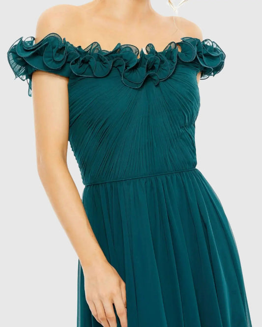 Teal Ruched Off The Shoulder A Line Gown