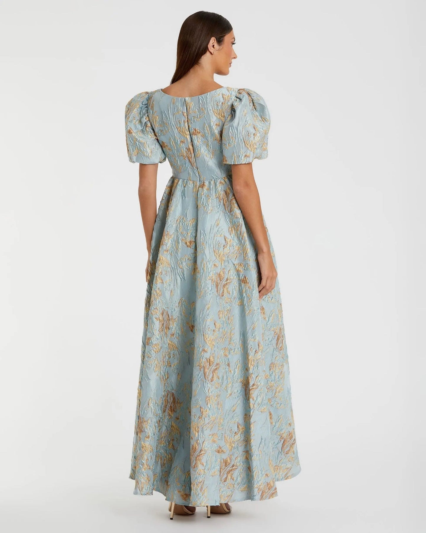 Blue Brocade Puff Sleeve High Low Gown