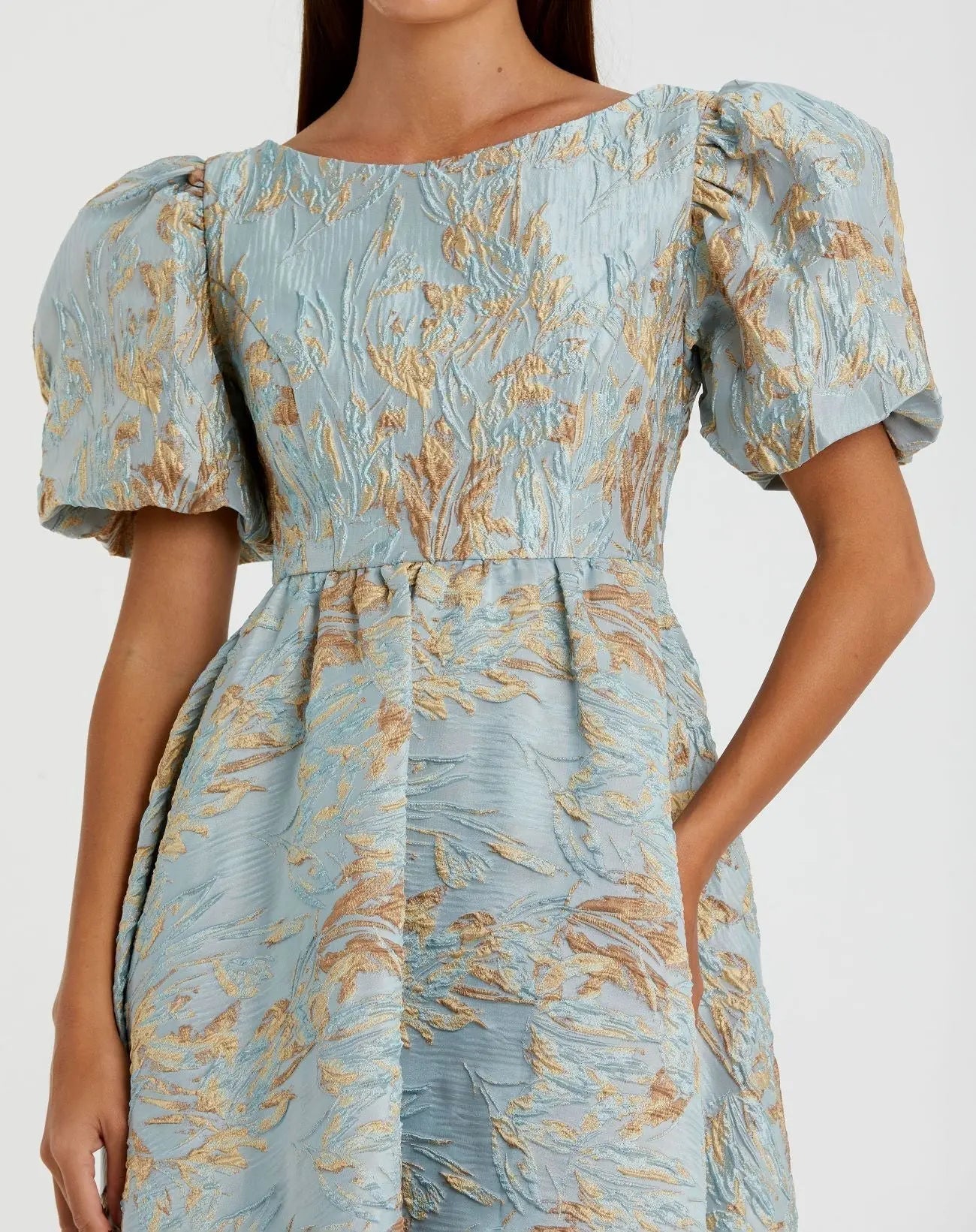 Blue Brocade Puff Sleeve High Low Gown