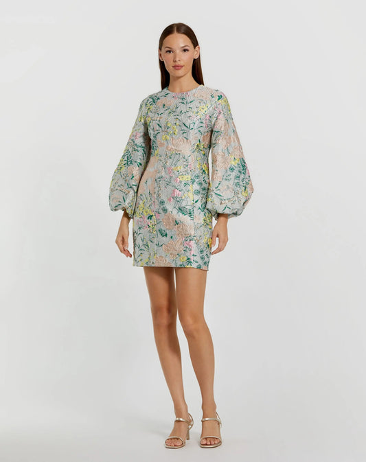 Multicolor Floral Brocade Puff Sleeve Fitted Mini Dress
