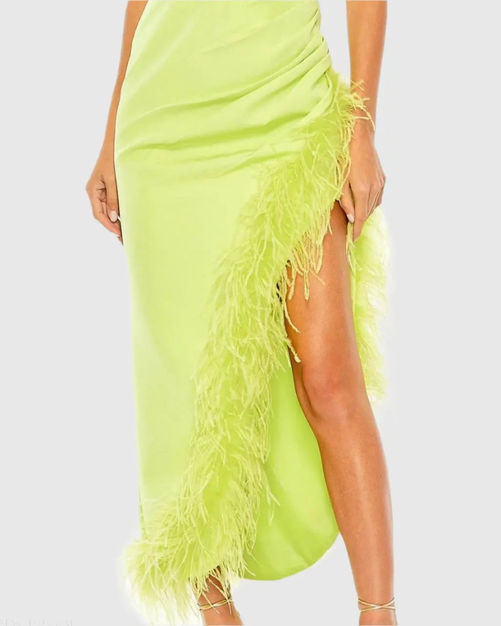 Green Ruched High-Low Sheath Dress with Feather Trim