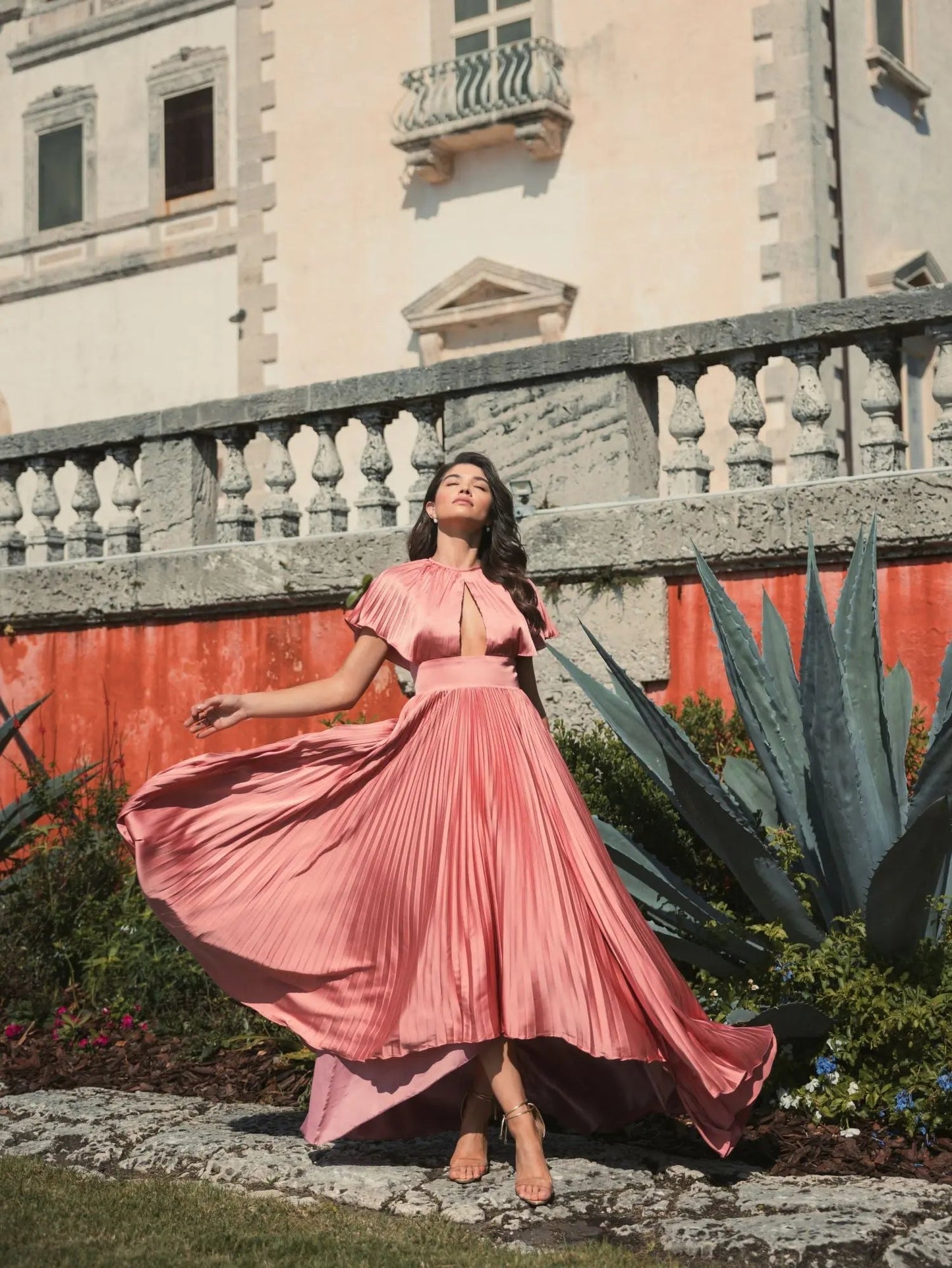 Pink Front Cutout High Low Pleated Gown