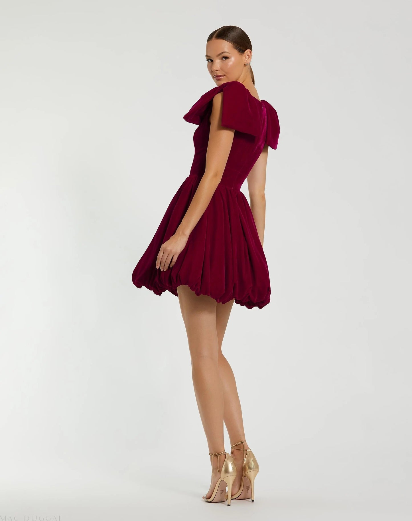 Red Velvet Shoulder Bow Bubble Mini Dress