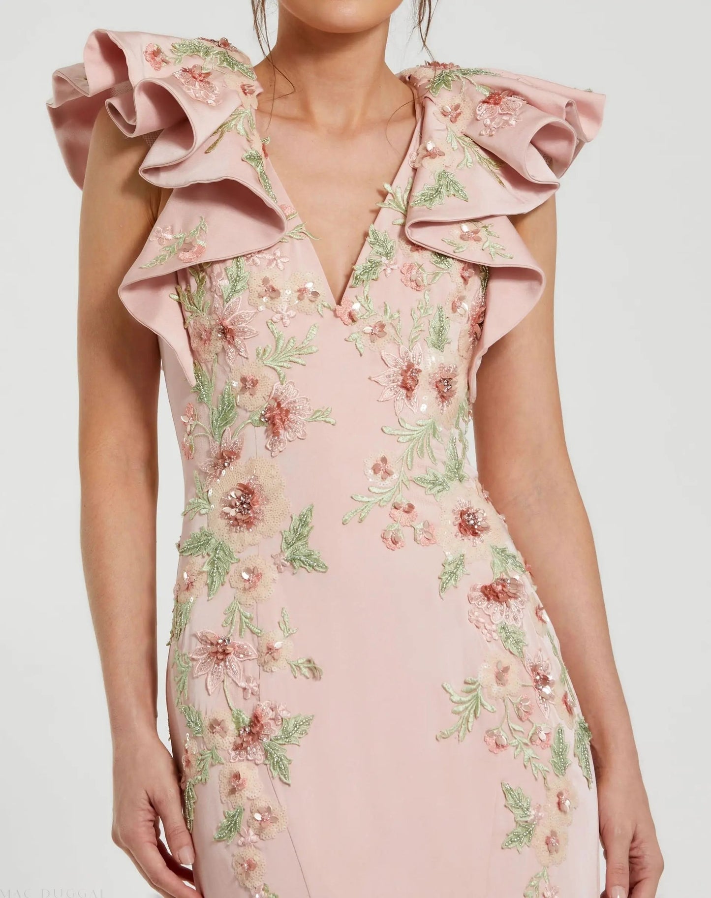 Pink Flutter Sleeve Embellished Mermaid Gown