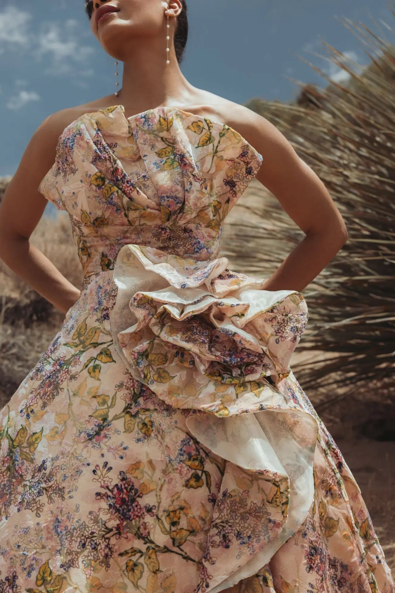 Pink Strapless Velvet Floral Ball Gown with 3D Rosette