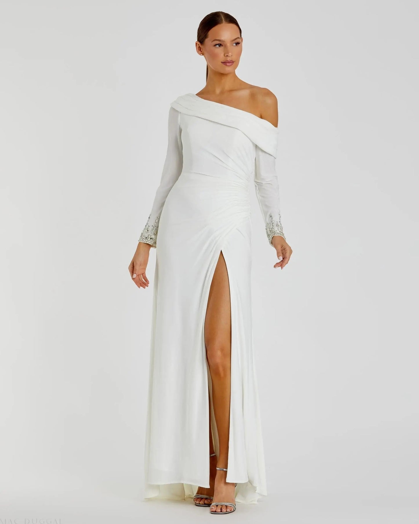 White Beaded Cuff Drop Shoulder Faux Wrap Gown - FINAL SALE