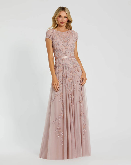 Pink Floral Embellished Cap Sleeve Gown
