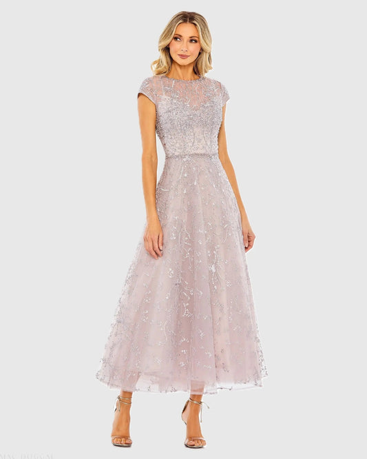 Purple Embellished High Neck Cap Sleeve A Line Dress