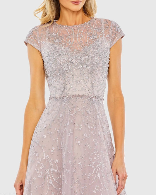 Purple Embellished High Neck Cap Sleeve A Line Dress