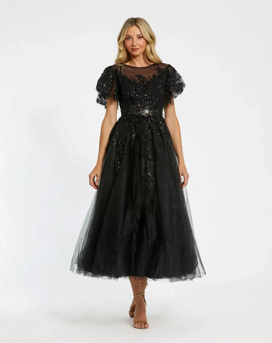 Black Embellished Flutter Sleeve A Line Dress