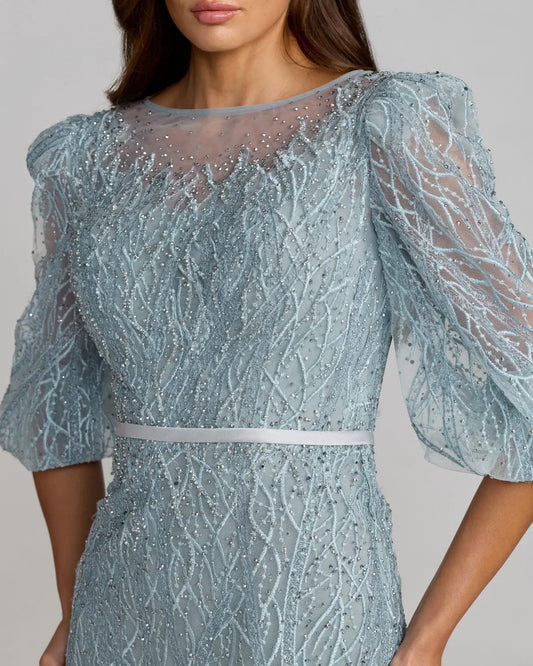 Blue Embroidered Boat Neck Puff Sleeve Gown