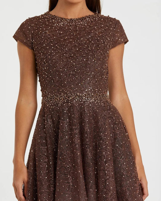 Brown Embellished Cap Sleeve A Line Dress