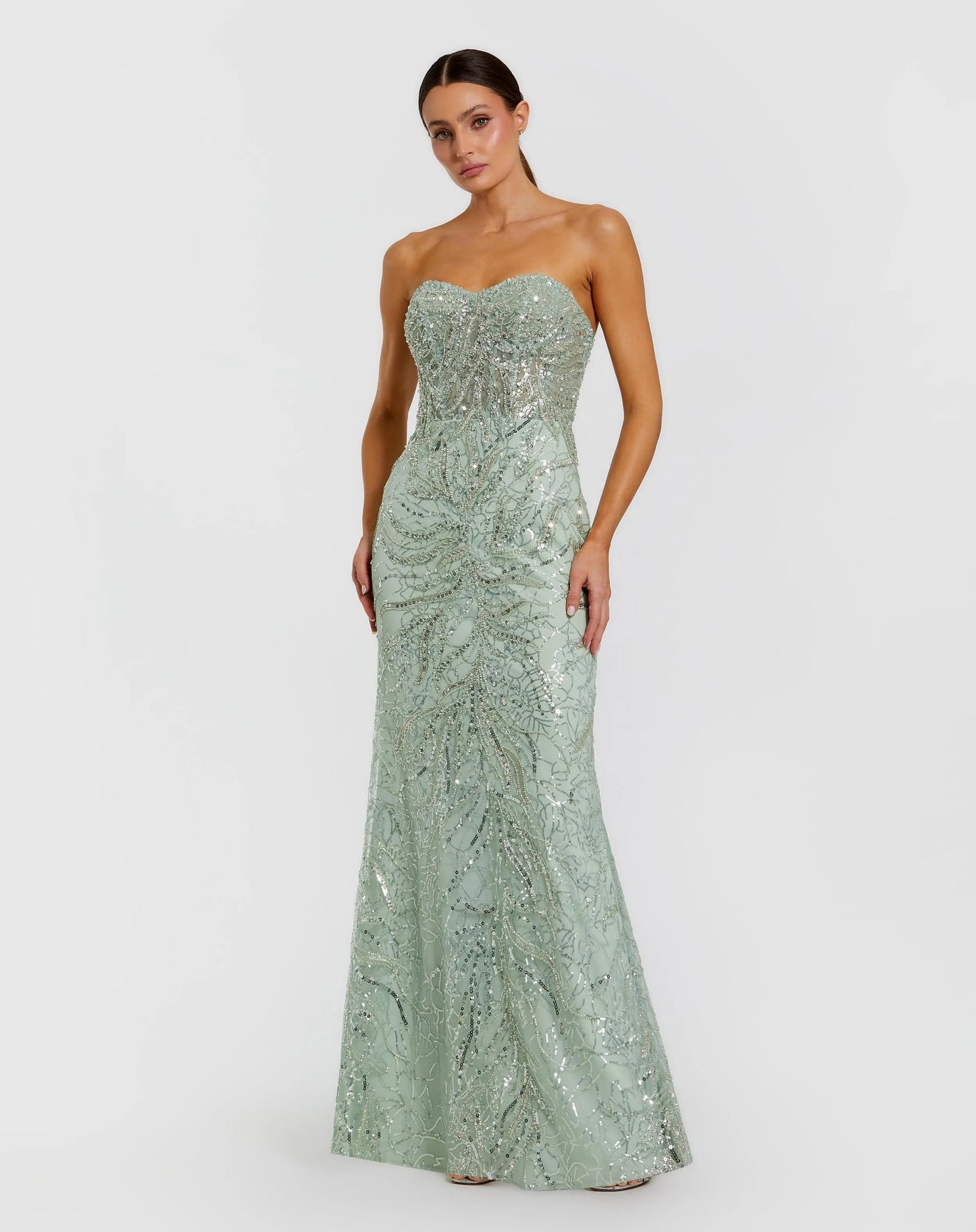 Green Beaded Sequin Strapless Trumpet Gown