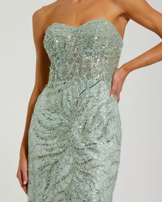 Green Beaded Sequin Strapless Trumpet Gown