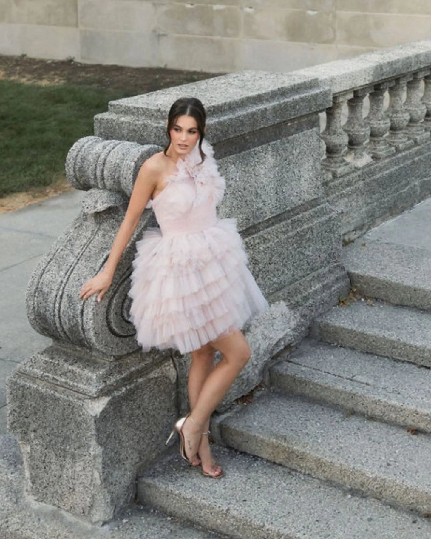 Pink Tulle Ruffle One Shoulder Mini Dress