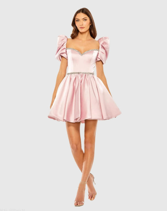 Pink Beaded Top Puff Sleeve Dress