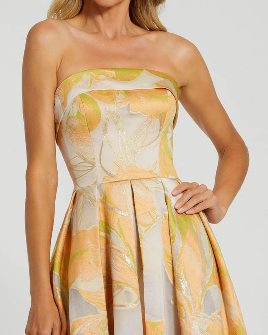 Beige and Orange Strapless Brocade Midi Dress with Pockets