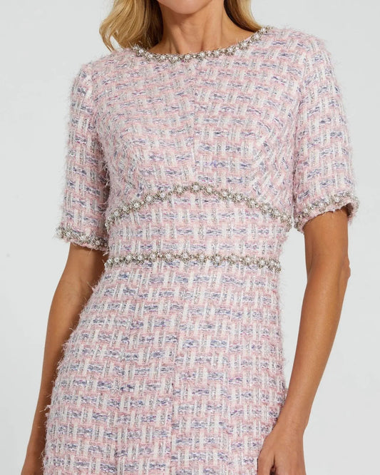 Pink Short Sleeve Beaded Trim Boucle Midi Dress