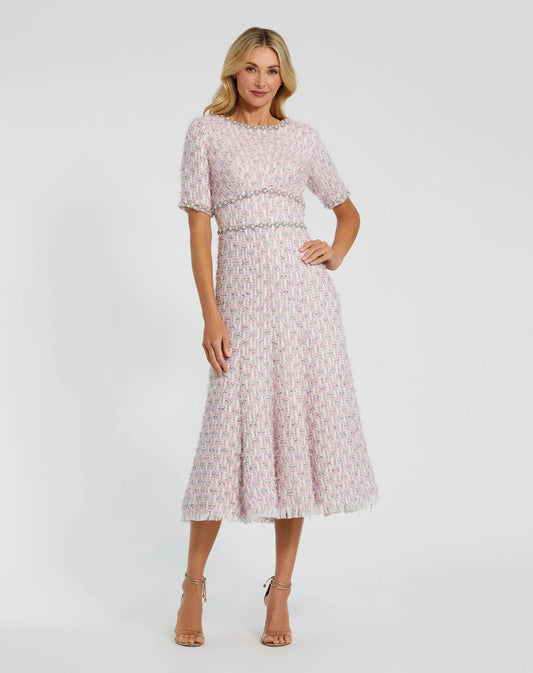 Short Sleeve Beaded Trim Boucle Midi Dress