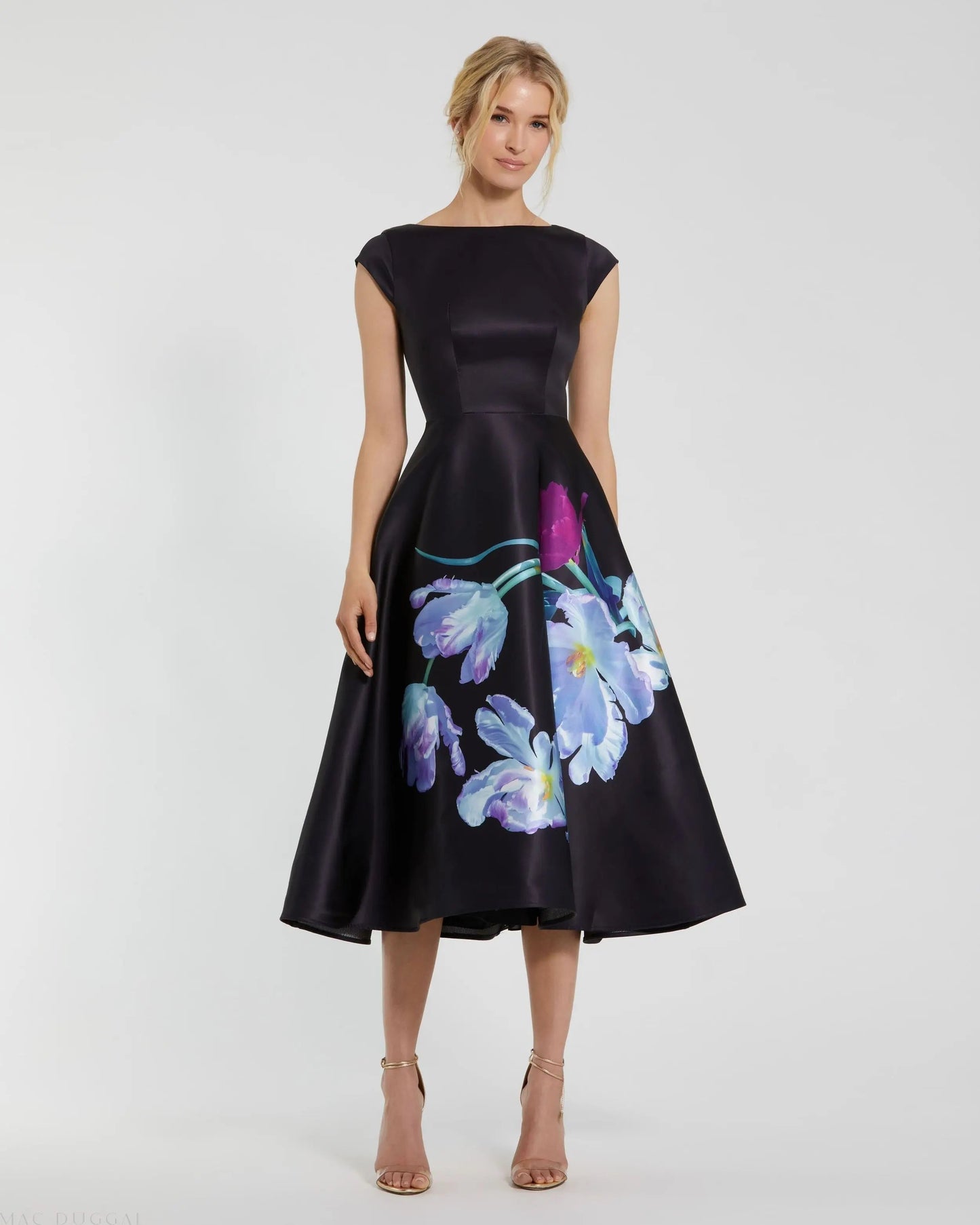 Black Satin Cap Sleeve Midi Dress With Floral Print