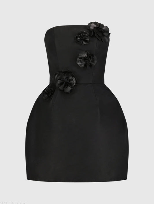 Black Strapless Faille Mini Dress With 3D Flower Detail