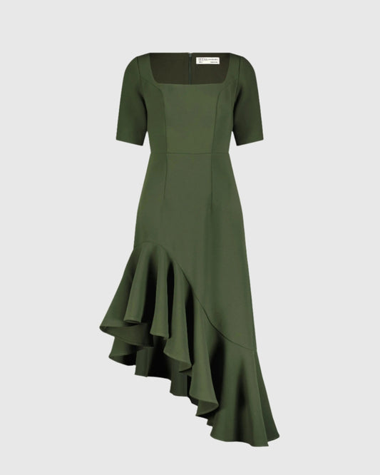 Green Crepe 3/4 Sleeve Asymmetrical Hem Dress