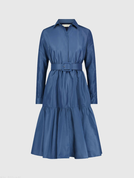 Blue Faille Long Sleeve Collared Midi Dress With Belt - FINAL SALE