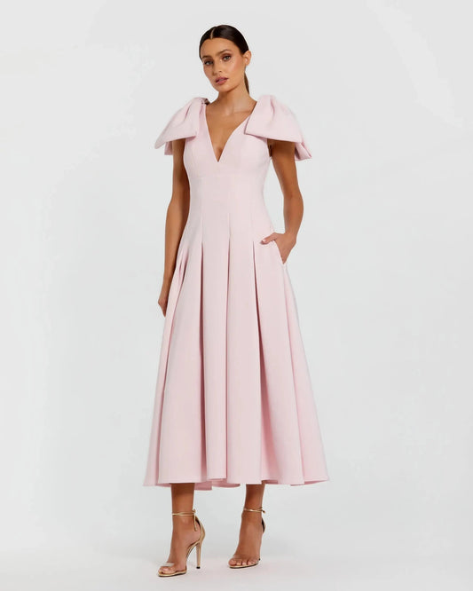 Pink Crepe A Line Midi Dress With Bow Straps