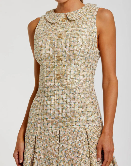 Gold Sleeveless Boucle Mini Dress with Pleats