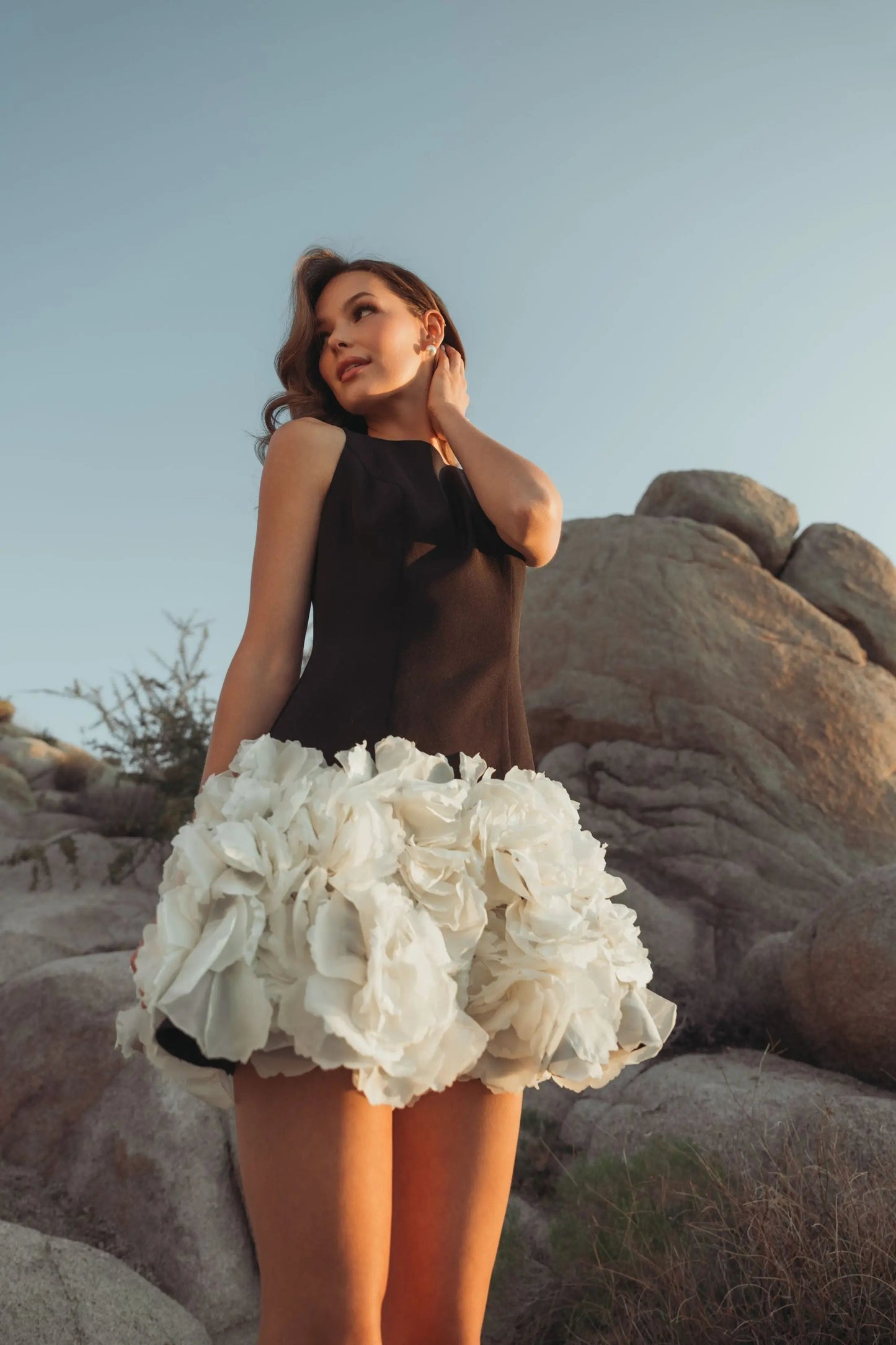 Black and White Sleeveless Mini Dress with 3D Floral Skirt