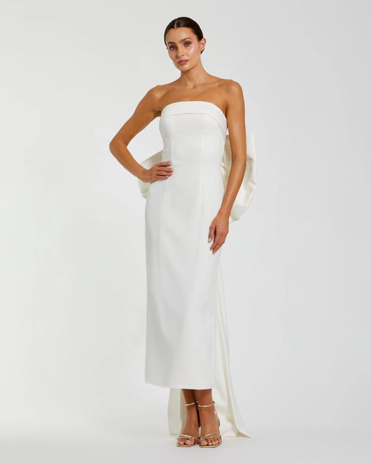 White Strapless Satin Sheath Dress with Bow