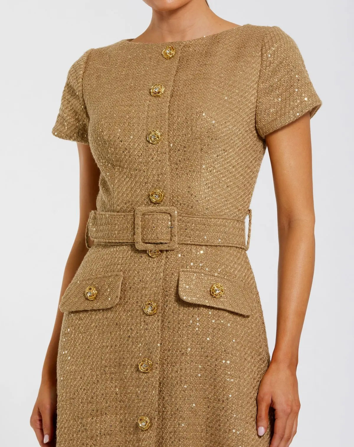 Gold Boucle Cap Sleeve High Neck Button Up Midi Dress