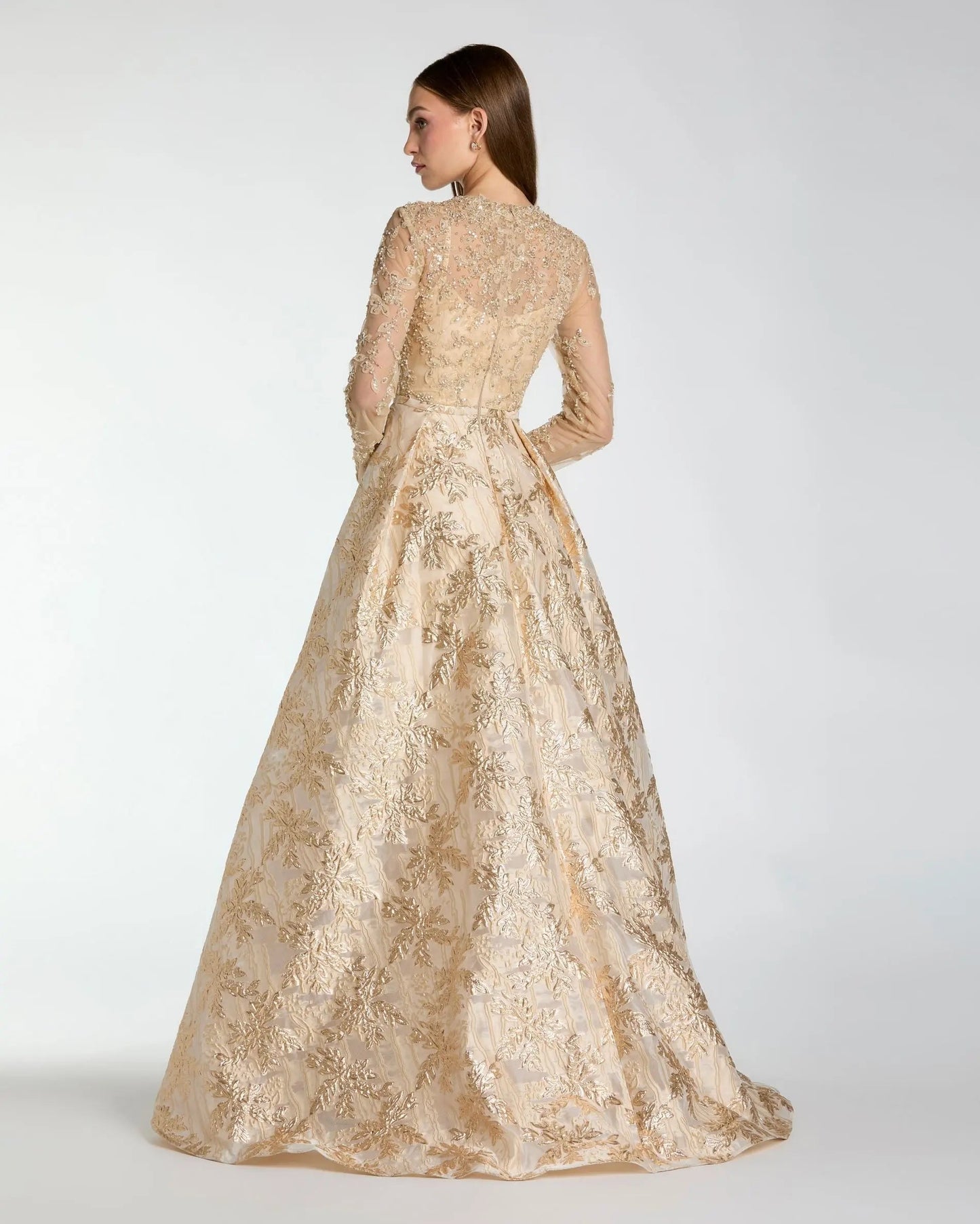 Light Gold Long Sleeve Beaded Brocade Skirt Ball Gown