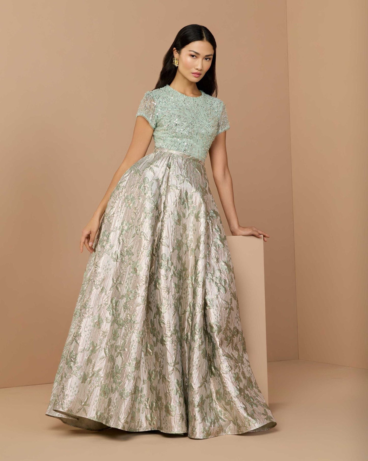 Green Sequin Cap Sleeve Brocade Ball Gown
