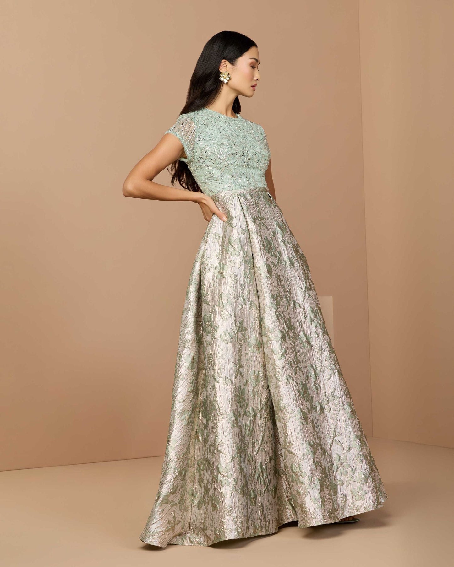 Green Sequin Cap Sleeve Brocade Ball Gown