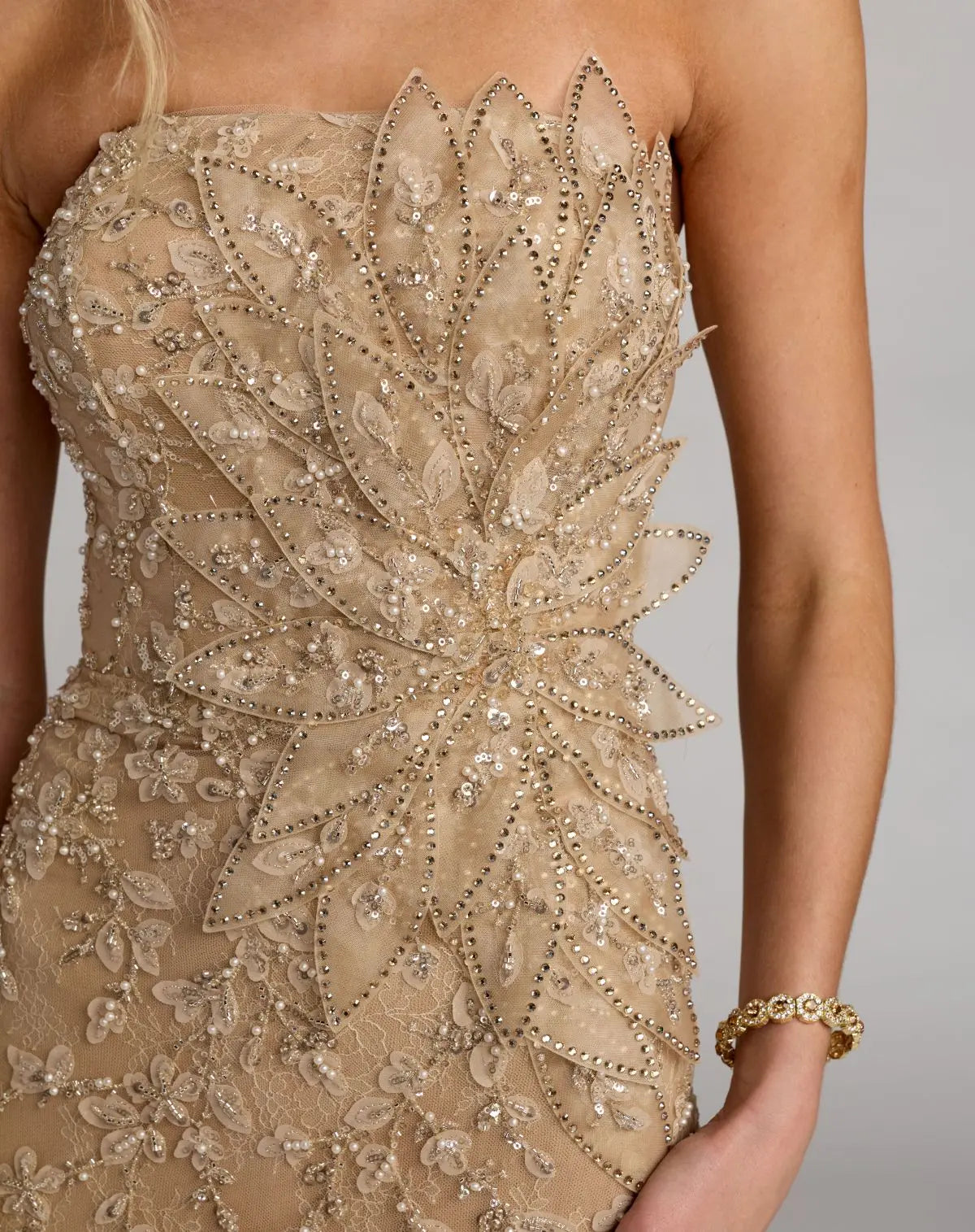 Beige Strapless Embellished Lace Gown with 3D Flower