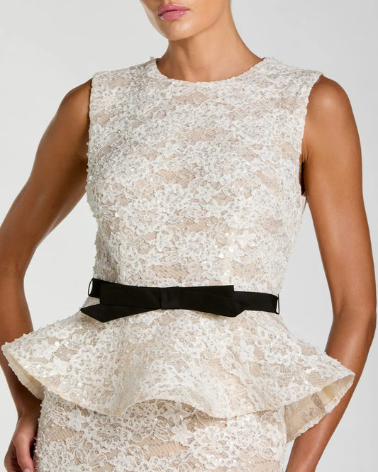 White Lace Peplum Column Dress with Bow