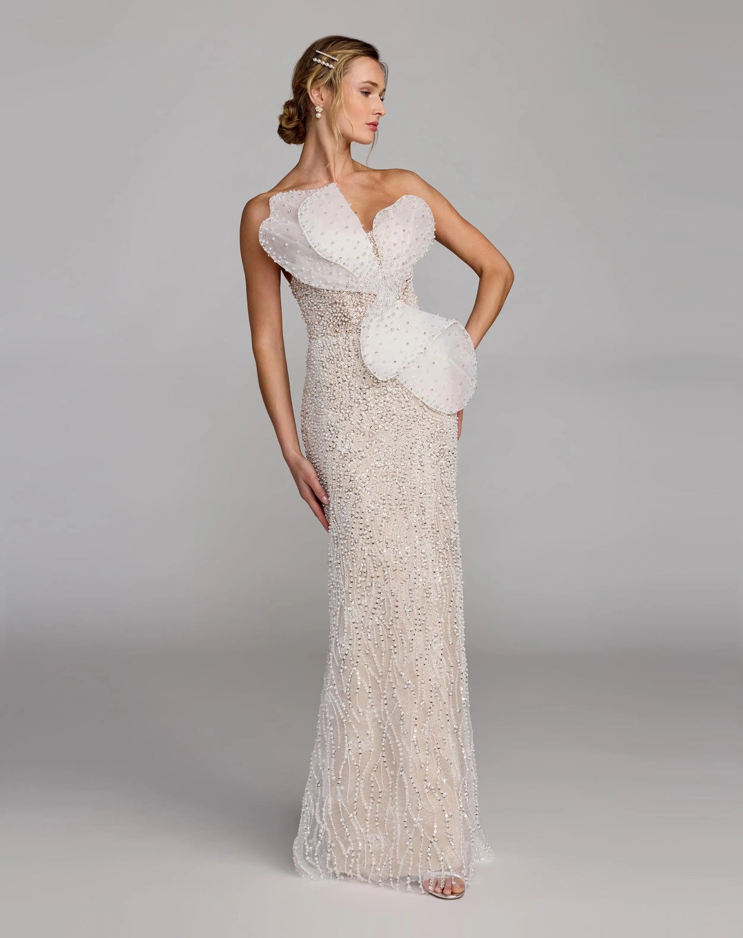 Ivory Strapless Embellished Column Gown with Bow