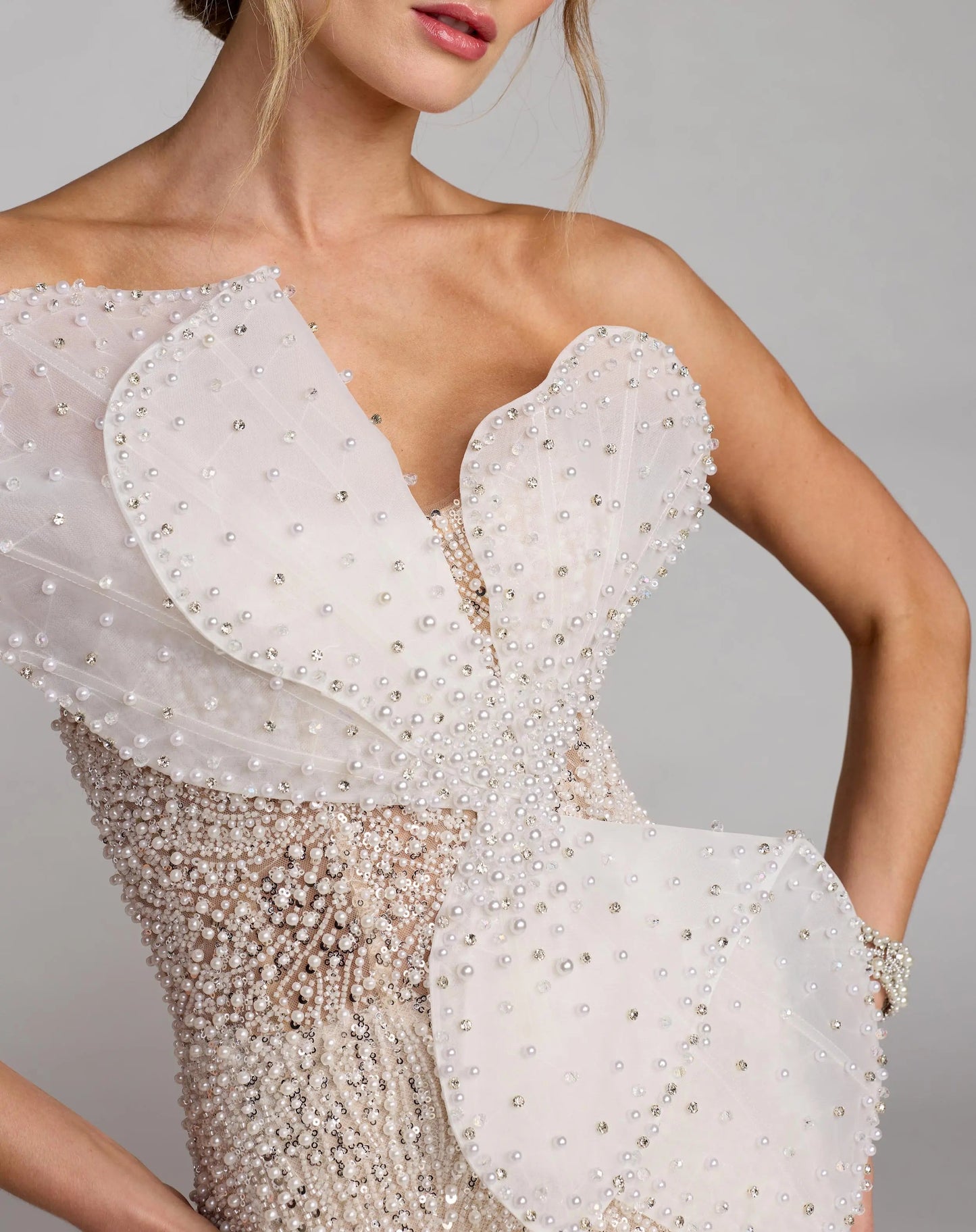 Ivory Strapless Embellished Column Gown with Bow