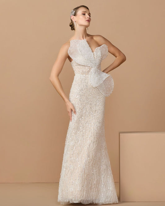 Ivory Strapless Embellished Column Gown with Bow