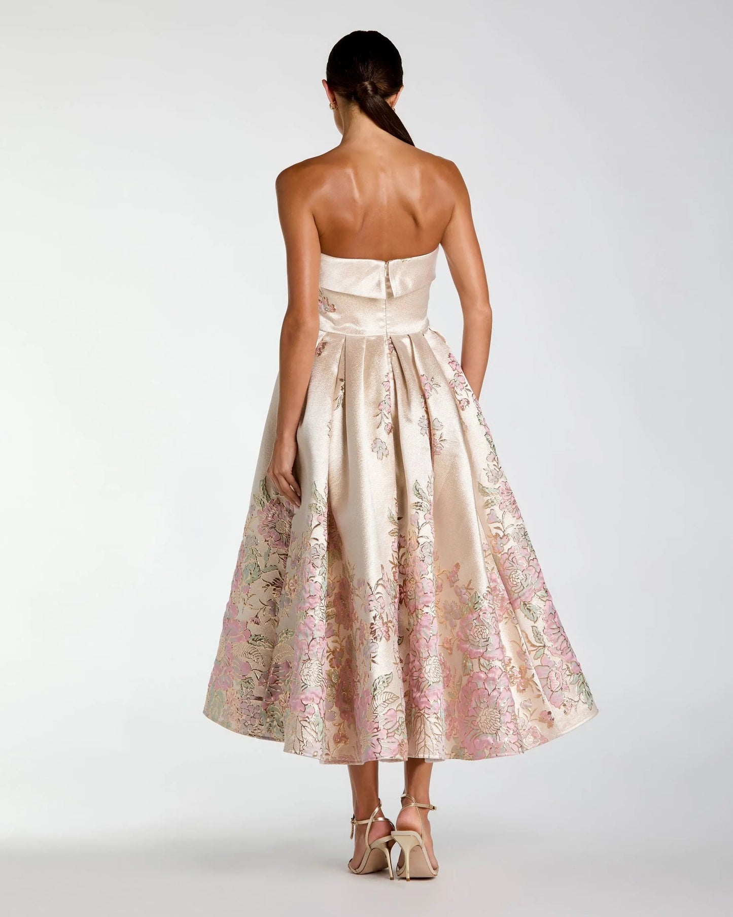 Ivory Strapless Brocade A Line Midi Dress