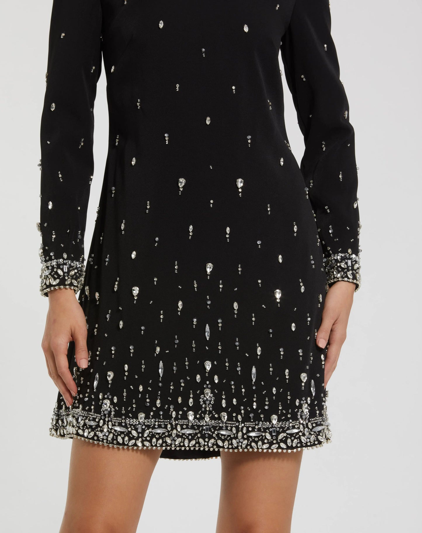Black Embellished Crepe Long Sleeve Mini Dress