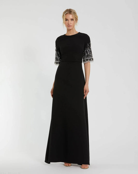 Black Crepe A Line Gown With Beaded 3/4 Sleeves