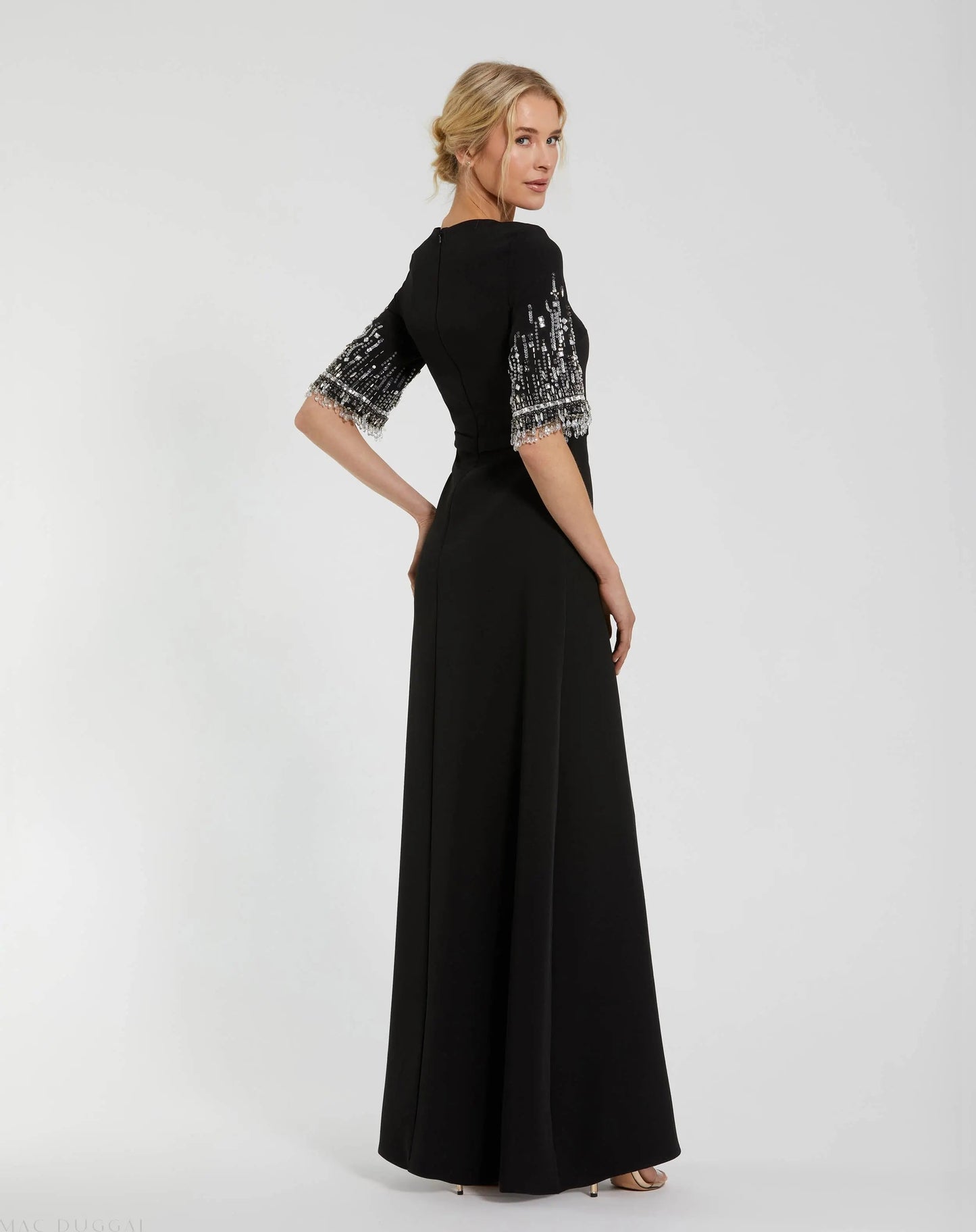 Black Crepe A Line Gown With Beaded 3/4 Sleeves