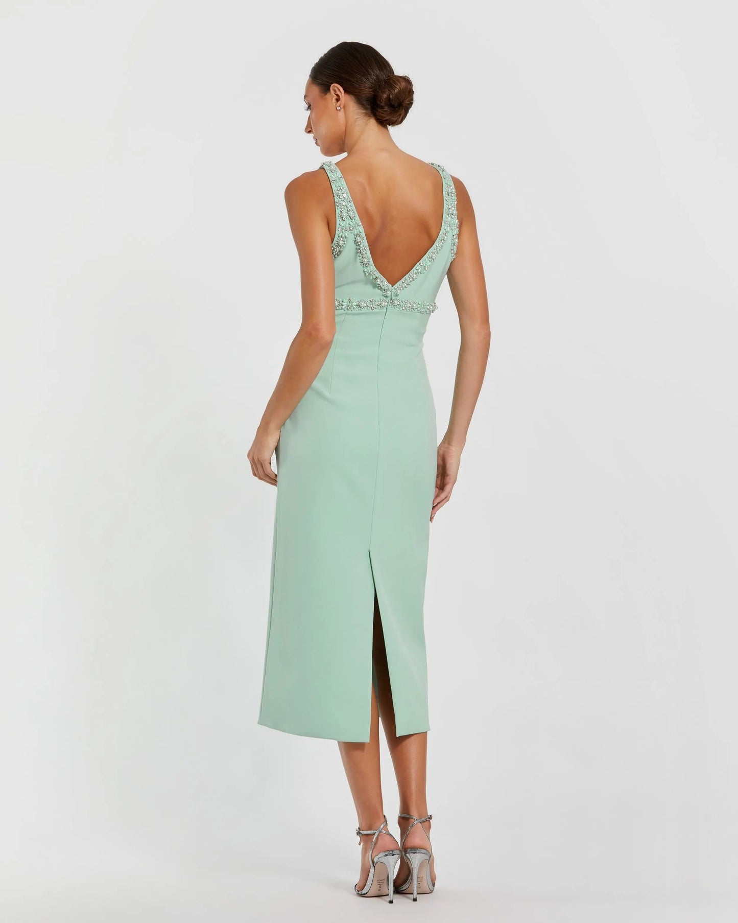 Green Crepe Fitted Midi Dress With Bow And Beaded Trim